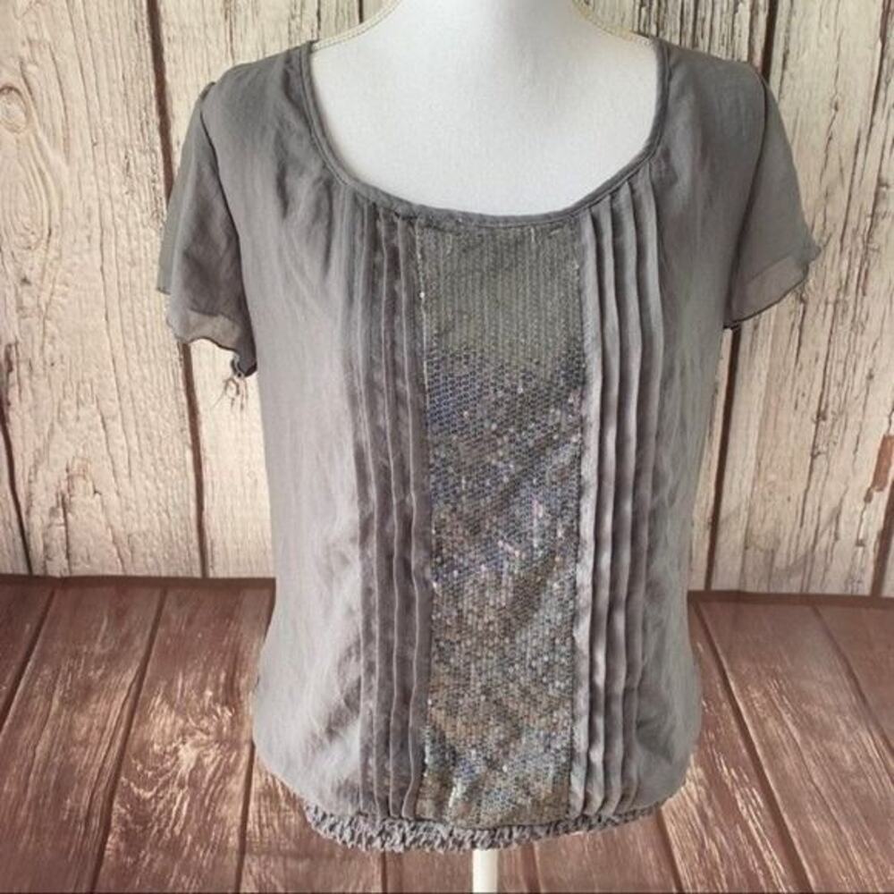 Studio Y Blouse Top Womens Large Gray Pleated Sequin‎ Chiffon Office Capsule
